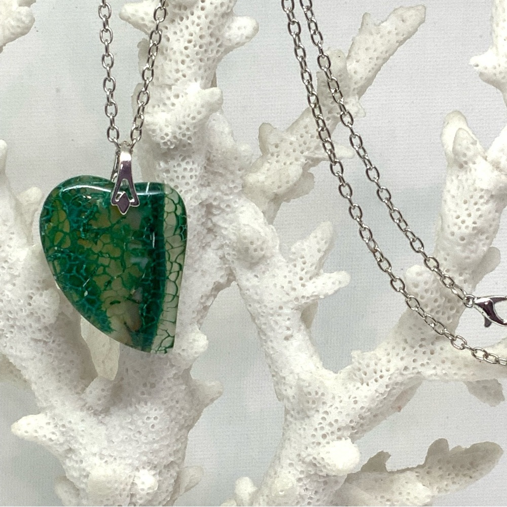 Green Dragon Veins Agate Heart Necklace - Stainless Steel Plated Chain Handmade